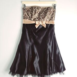 Jessica McClintock For Gunne Sax Black Gold Strapless Mini Dress